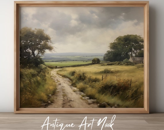 Country Road Print Vintage Landscape Antique Wall Art Cottage Oil Painting Vintage Style Decor Moody