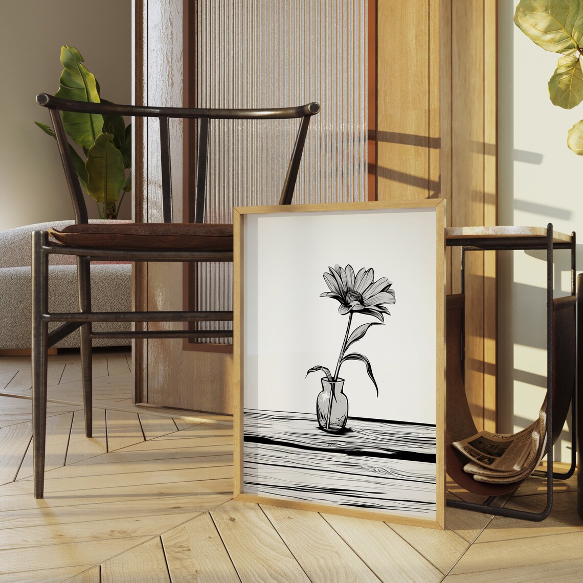 Lone Daisy Flower in Vase Black and White Ink Sketch Art Print - Image 3