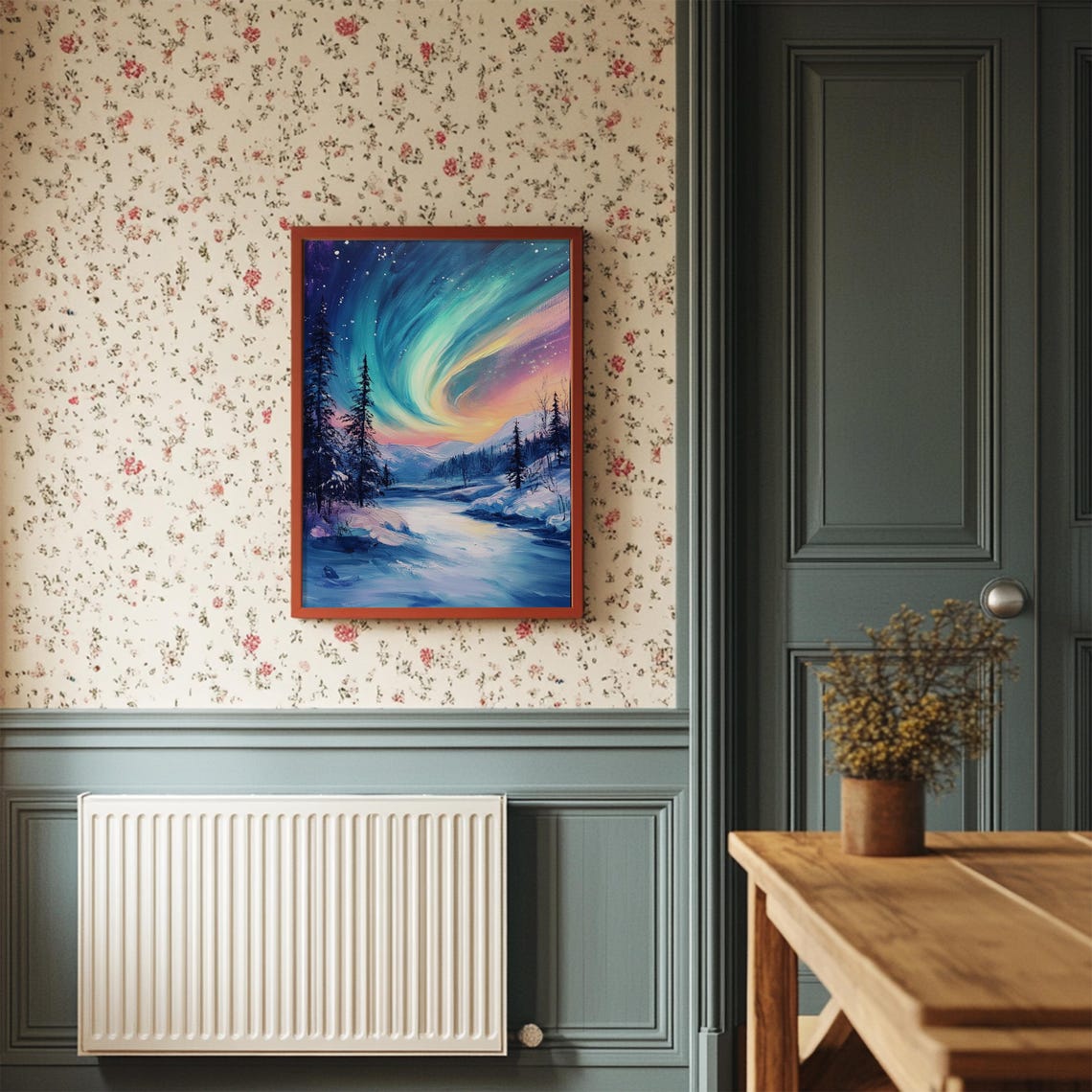 Northern Lights Aurora Over Snowy River Painterly Style Art Print - Image 2