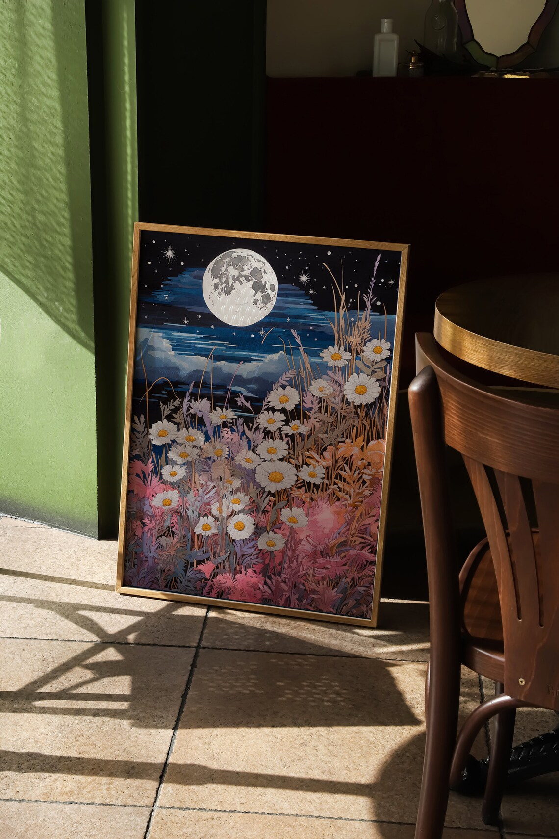 Moon And Pastel Flowers Vintage Block Print Art - Image 2