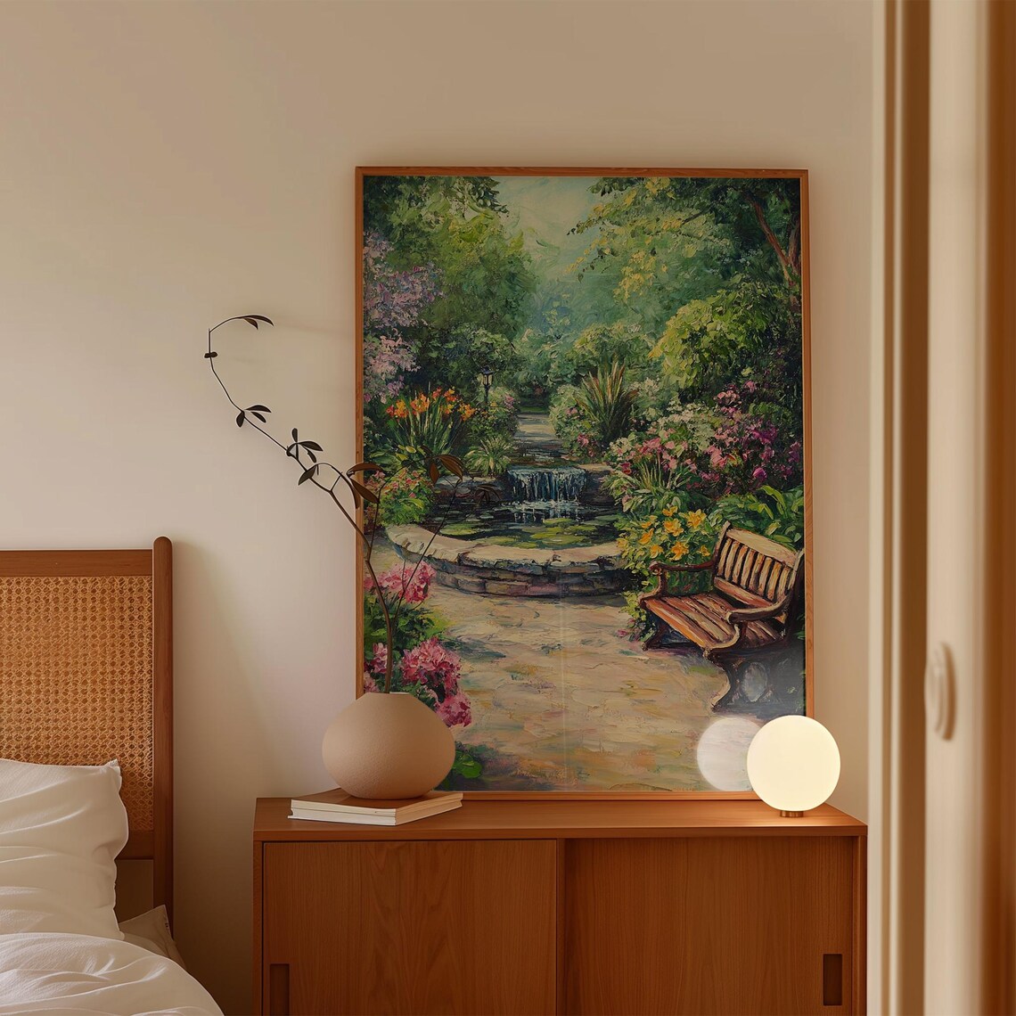 English Cottage Garden Stone Pond Waterfall and Bench Art Print - Image 4