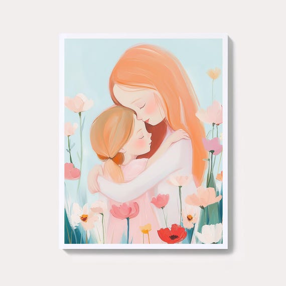 Mother And Daughter Painting Pastel Watercolor Mothers Day Wall Art Print Girly Journals Paper Craft