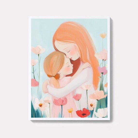 Tender Mother and Daughter Embrace Wildflower Pastel Art Poster