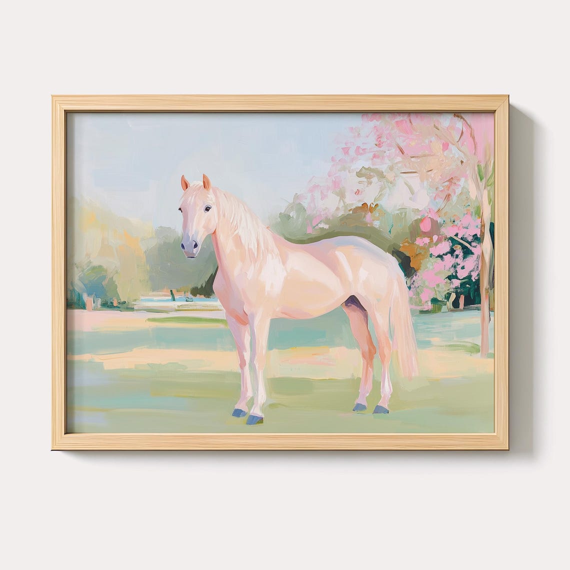 White Horse In Pastel Spring Meadow With Pink Blossoms Wall Art