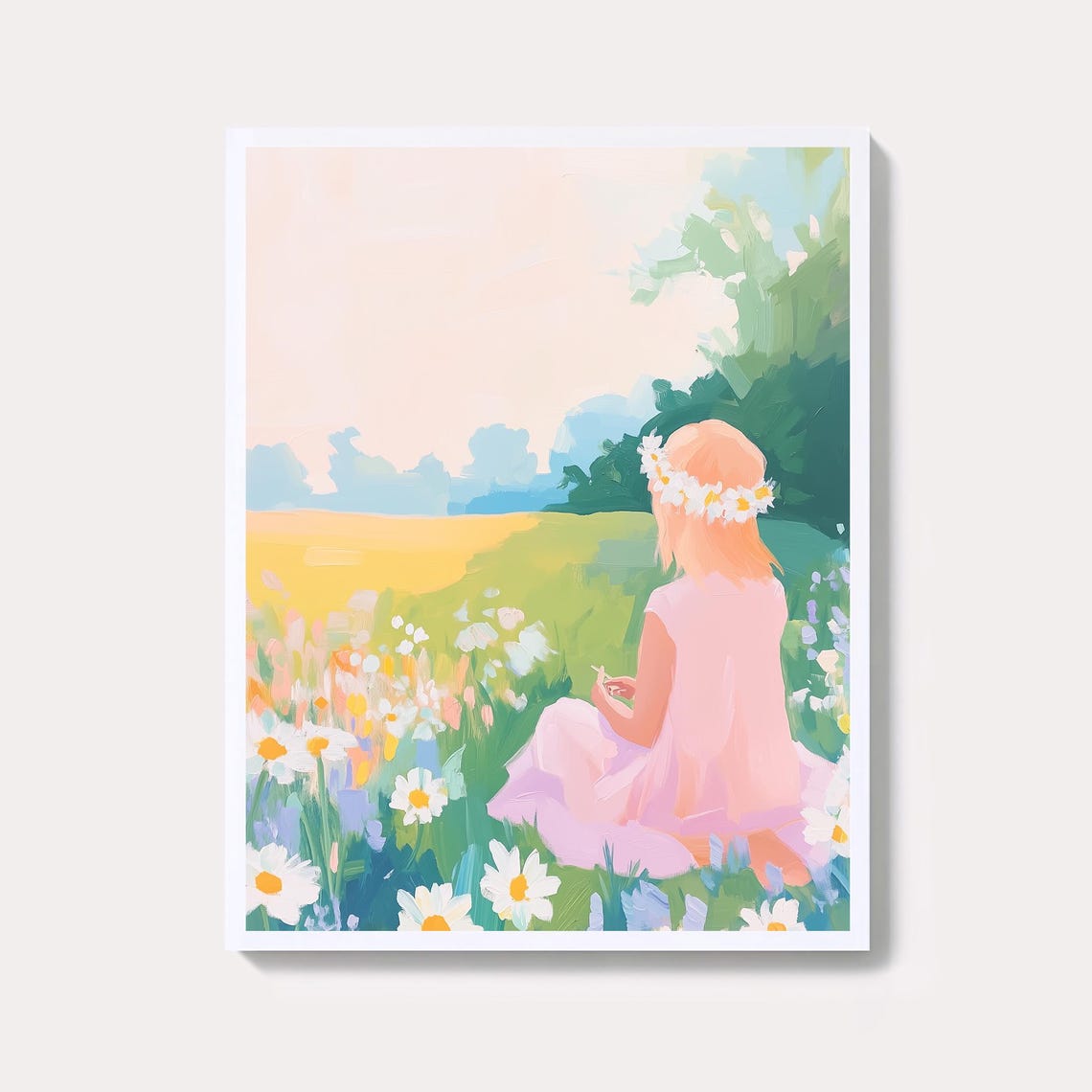 Little Girl With Daisy Crown In Wildflower Meadow Pastel Poster