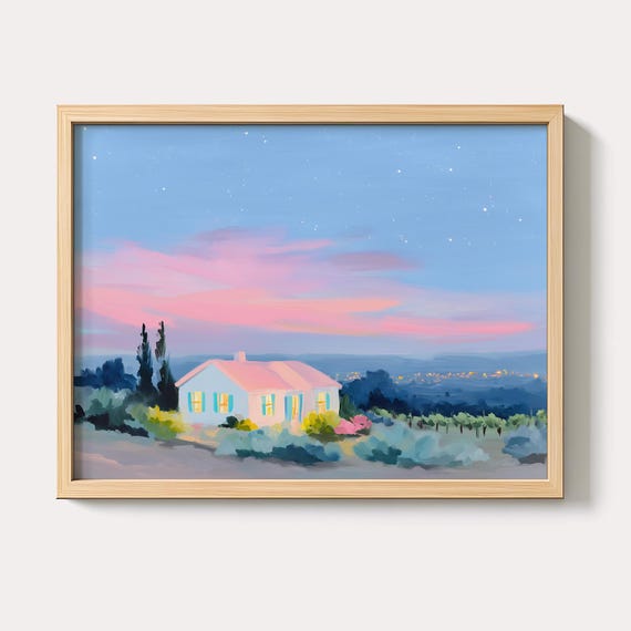 Pastel Cottage Painting Dreamy Pink Sunset Farmhouse Decor