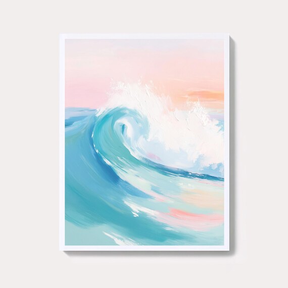 Curling Ocean Wave At Pink Sunset Pastel Seascape Art Poster