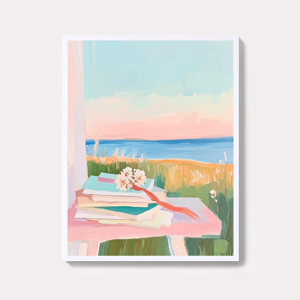 Sunlit Book Stack With Daisies by a Sea View Cottage Window Poster