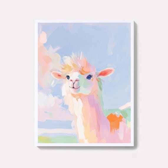 Cute Alpaca Painting Whimsical Animal Wall Art Print Pastel Nursery Decor