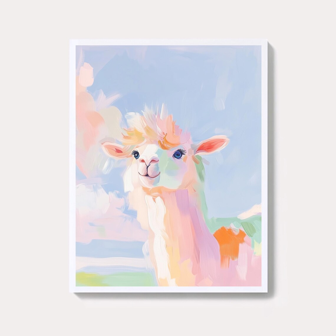 Pastel Alpaca Portrait Watercolor Cute Animal Nursery Wall Art