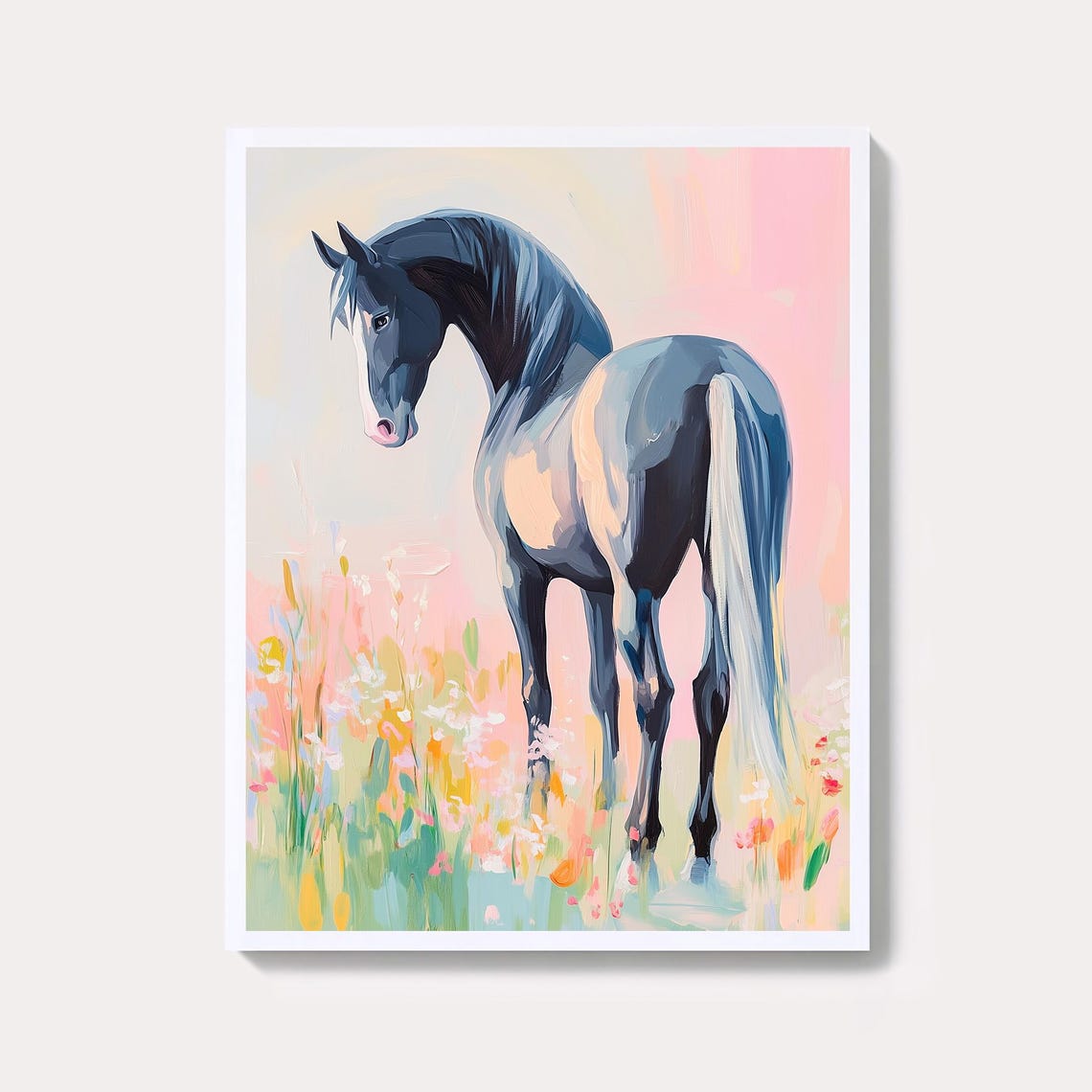 Elegant Dark Horse In a Pastel Wildflower Meadow Modern Equine Poster
