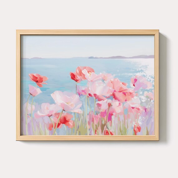Pastel Pink Seaside Flowers Watercolor Coastal Blossom Scene Poster