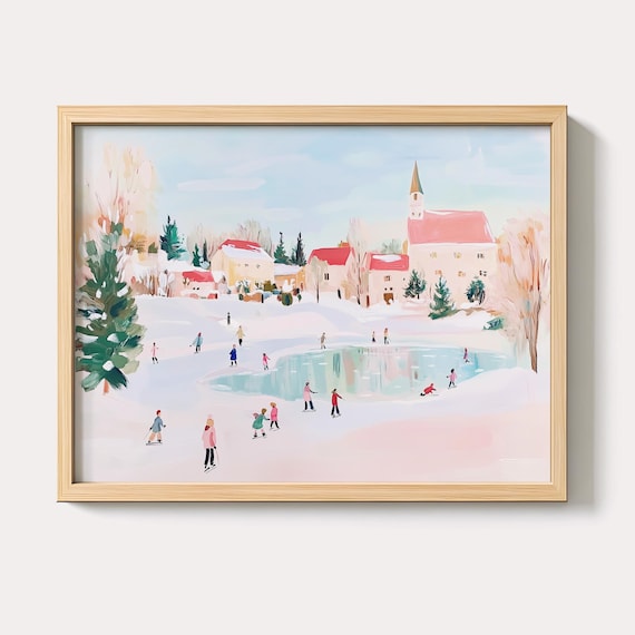 Snowy Village Frozen Pond Ice Skaters Winter Holiday Scene Poster