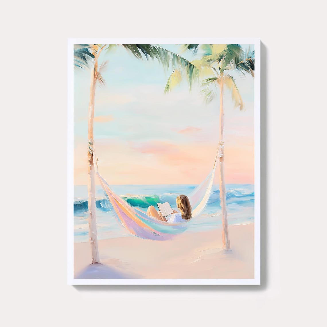 Woman Reading In Hammock Beach Palms Pastel Coastal Art Poster