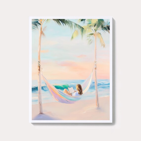 Woman Reading In Hammock Beach Palms Pastel Coastal Art Poster