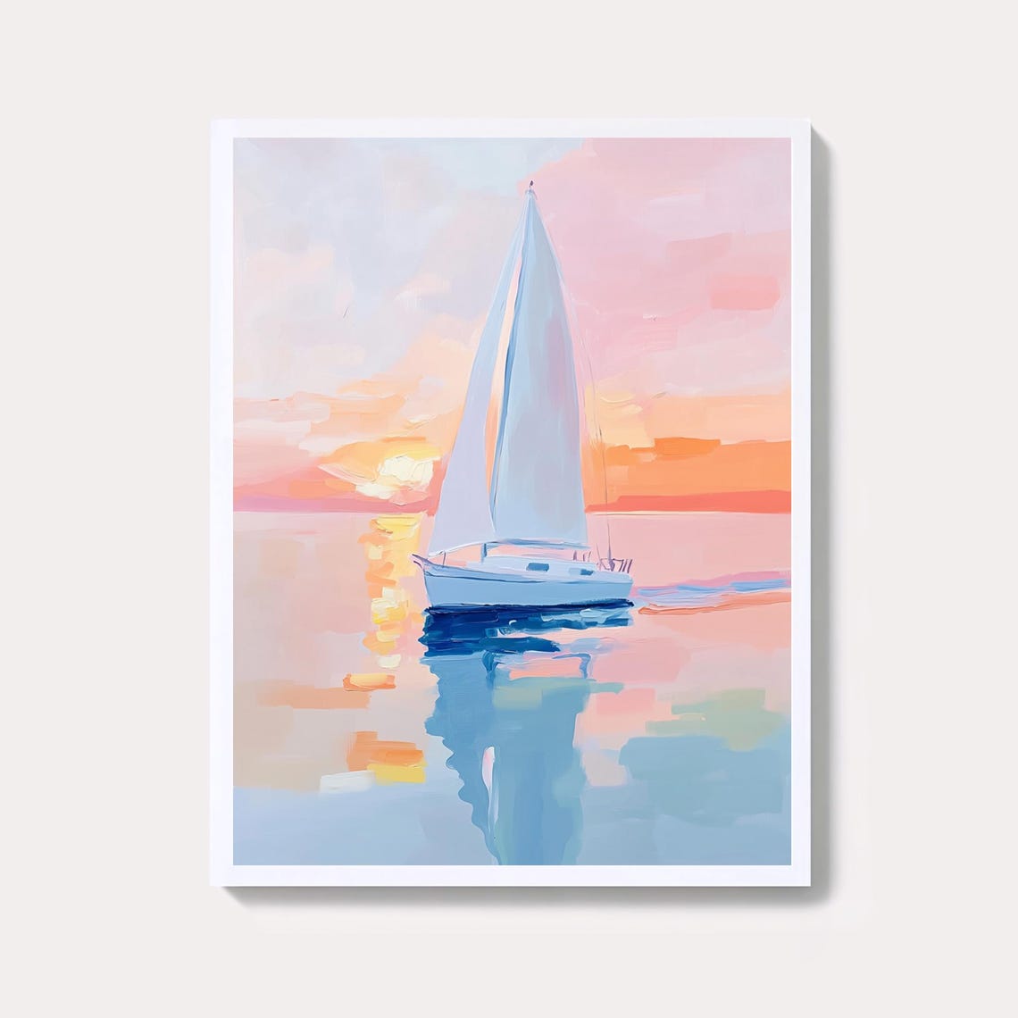 Pastel Sailboat Gliding Across Sunset Ocean Waves Scenic Poster