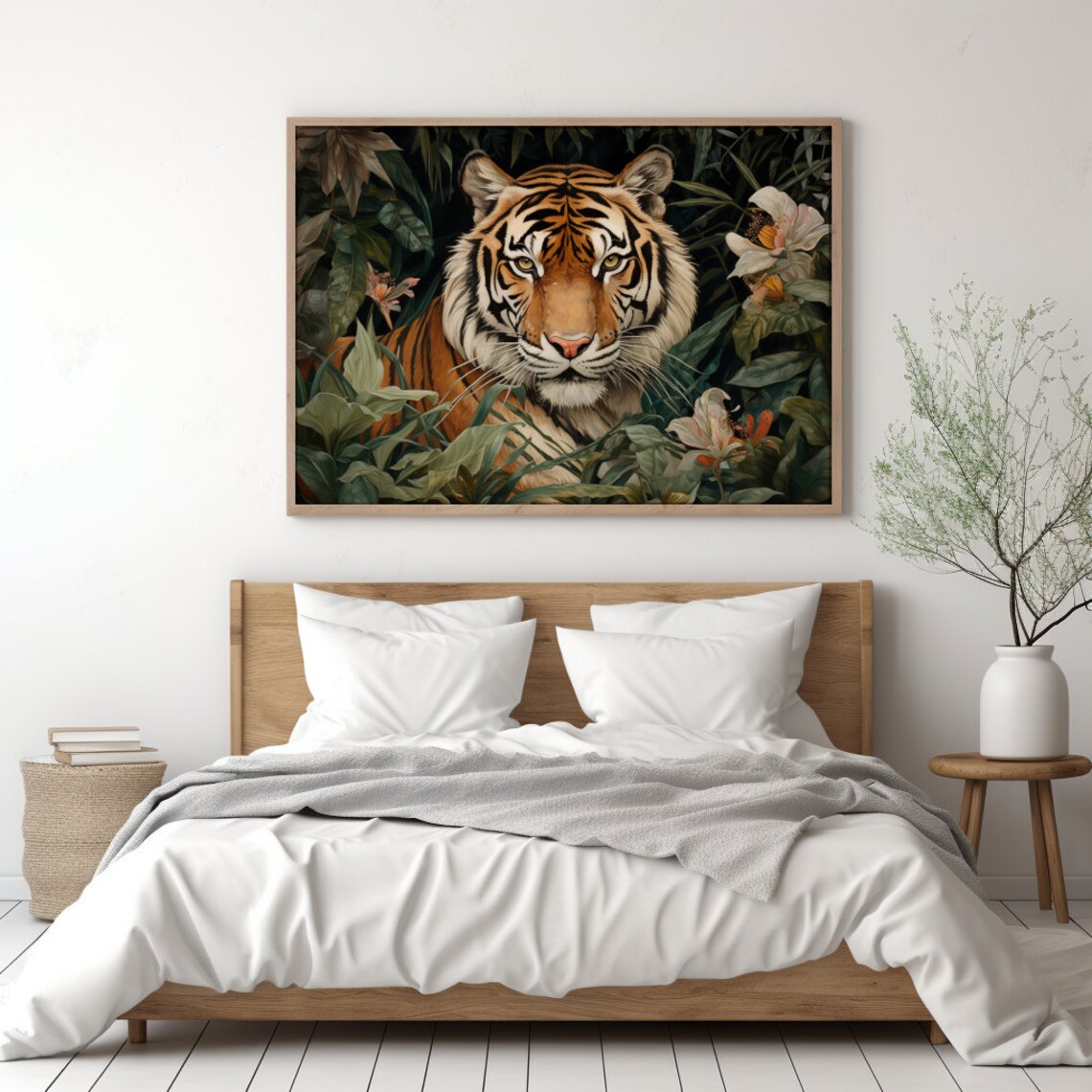 Majestic Tiger Portrait in Dark Jungle Foliage Boho Wall Art - Image 3