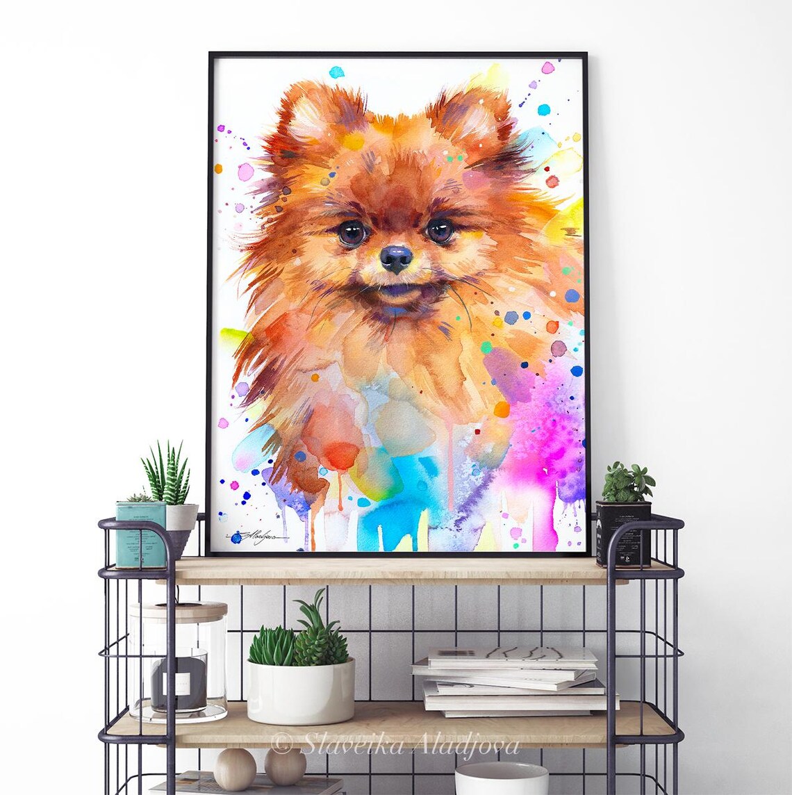 Pomeranian Watercolor Splash Colorful Dog Portrait Bright Wall Poster