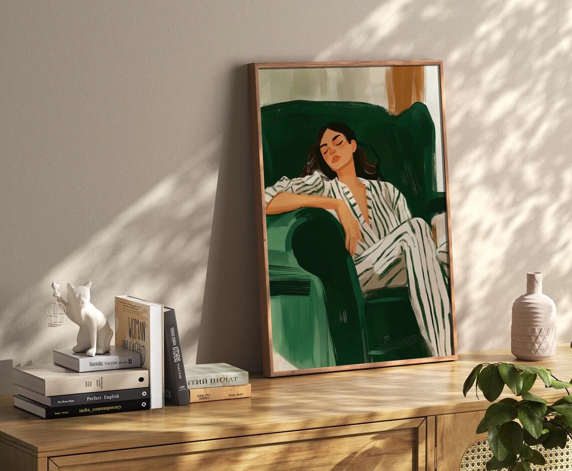 Woman Lounging In Striped Pajamas On Emerald Armchair Poster - Image 4