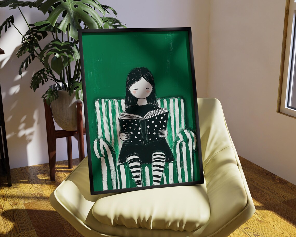 Modern Reading Woman, Minimalist Book Nook Portrait - Image 2