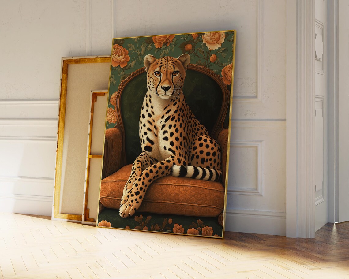 Regal Cheetah Sitting On Ornate Armchair With Floral Wall Art - Image 2