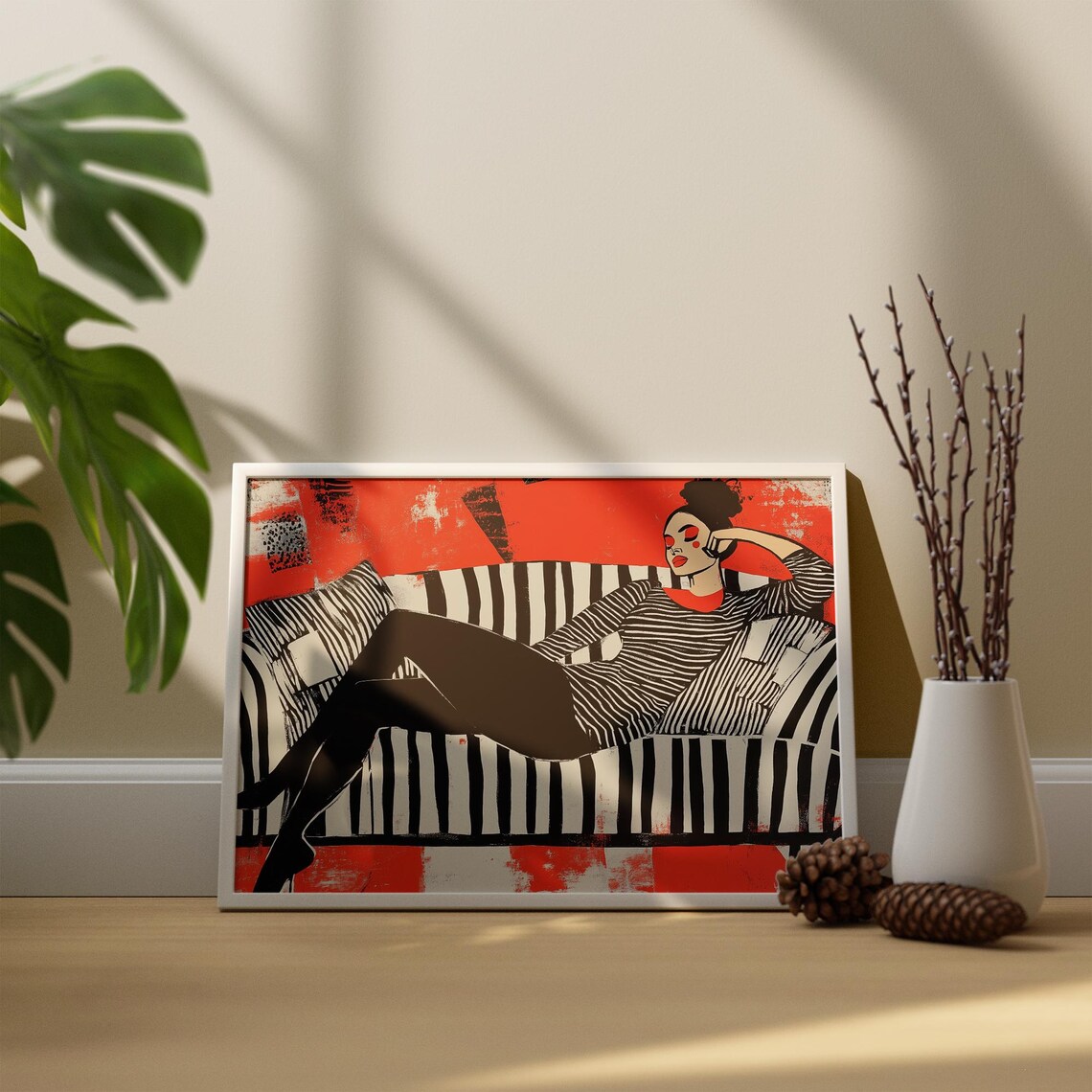 Woman Reclining on Striped Sofa Red Background Pop Art Poster - Image 4