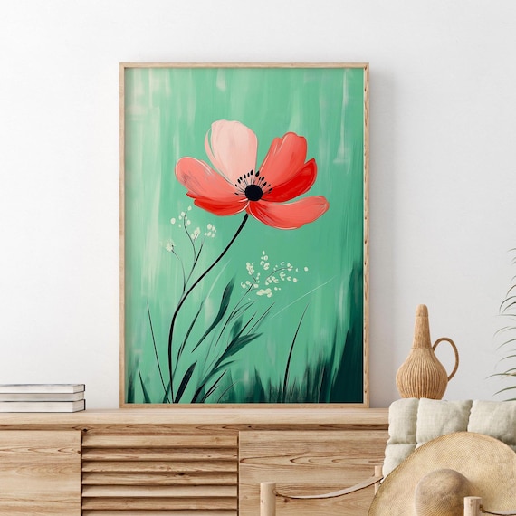 Abstract Red Poppy Art Print, Minimalist Floral Decor