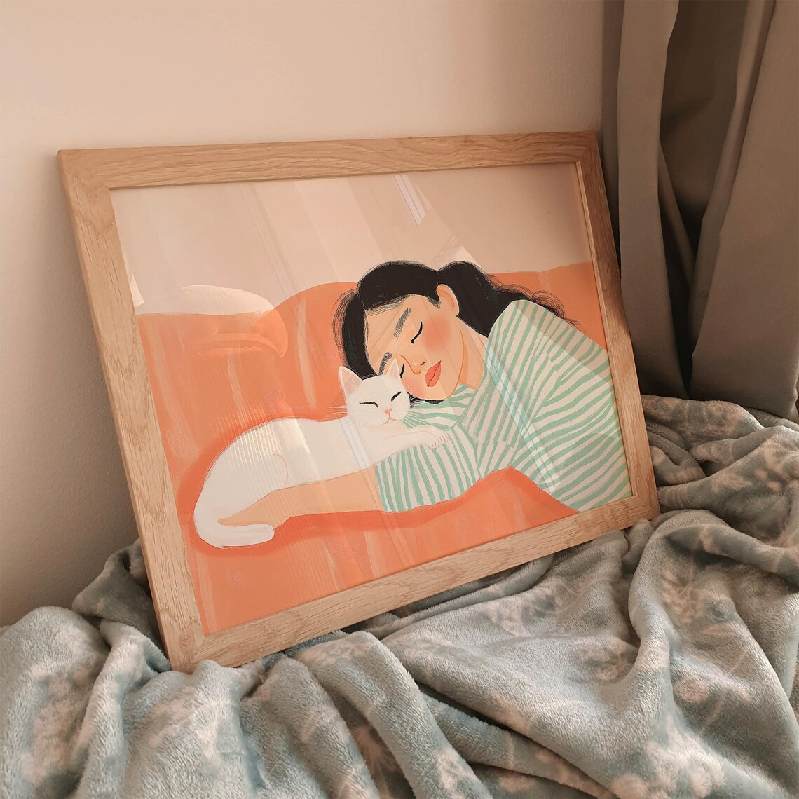 Woman Napping with White Cat Cozy Pastel Illustration Poster - Image 3