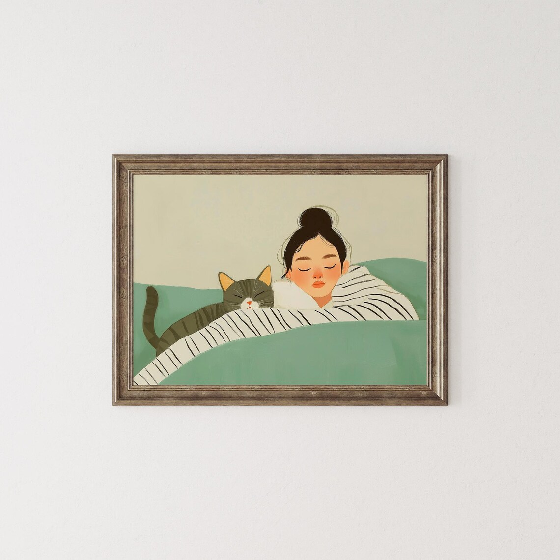 Sleeping Woman Cuddling Tabby Cat Under A Green Blanket Poster