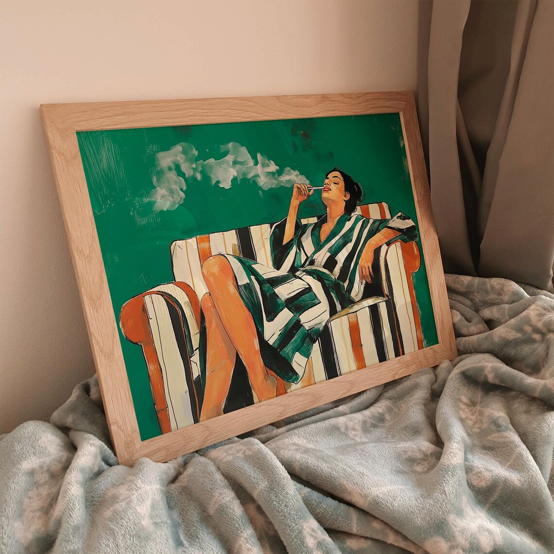 Emerald Green Woman Smoking in Striped Robe Vintage Style Poster - Image 4