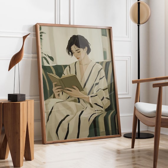 Serene Emerald Reading Woman Minimalist Contemporary Book Nook Poster