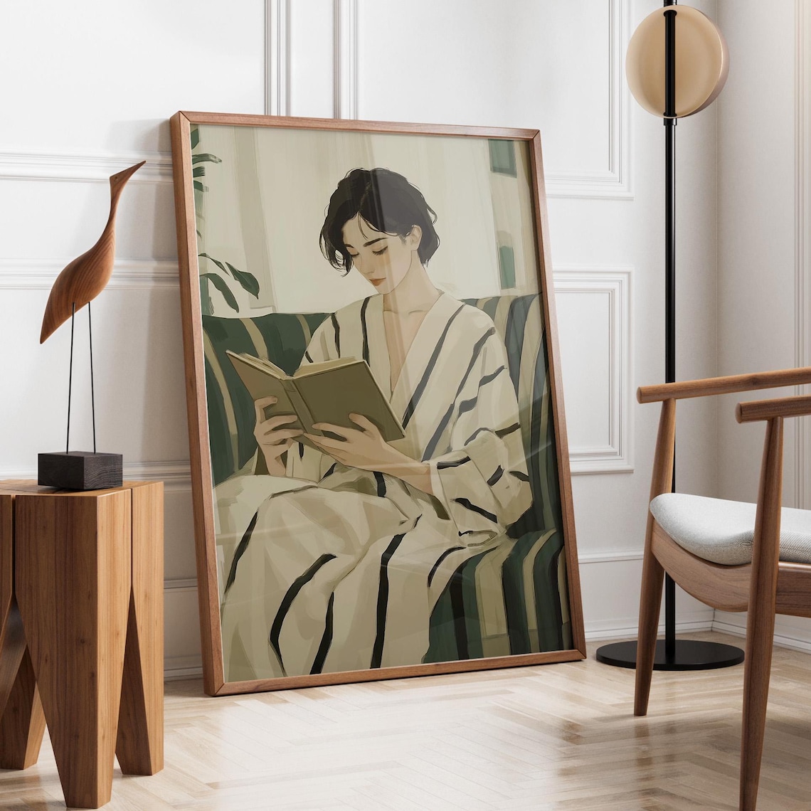 Serene Emerald Reading Woman Minimalist Contemporary Book Nook Poster