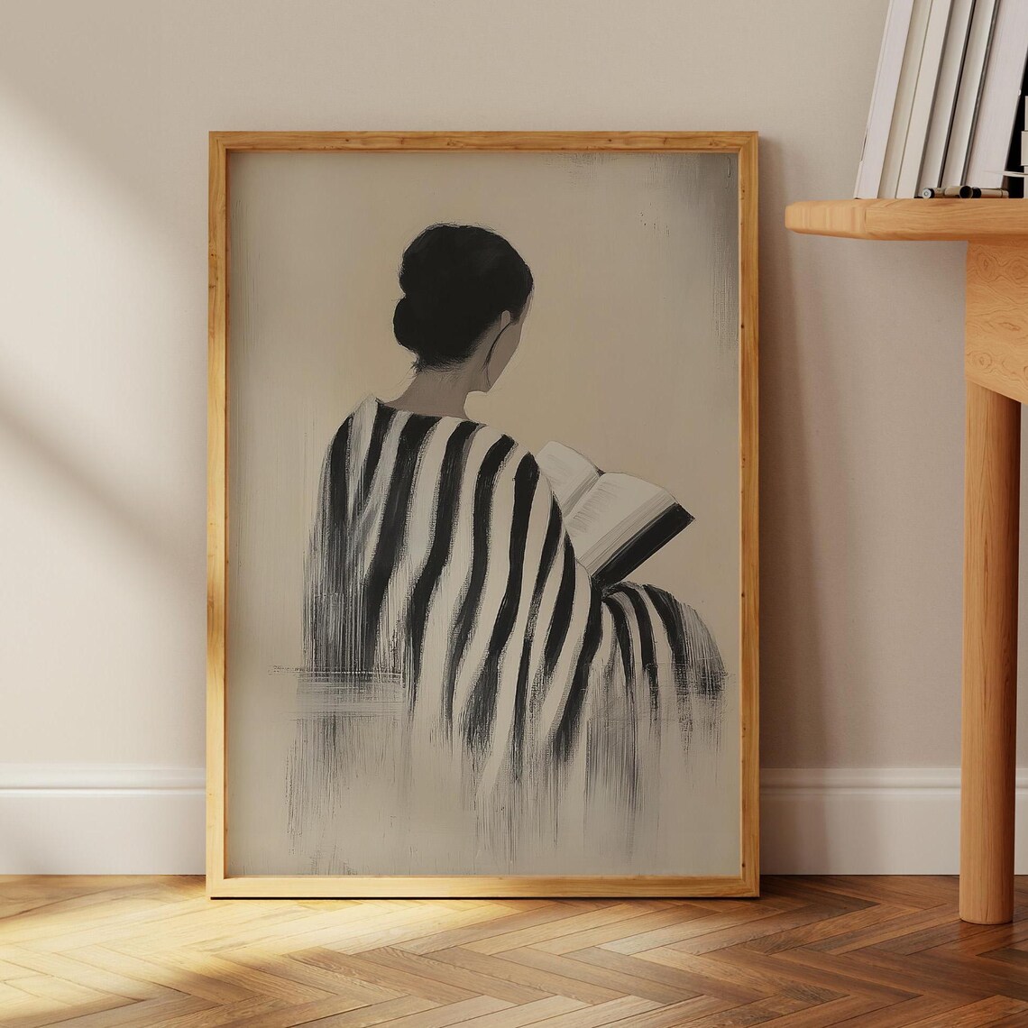 Striped Dress Woman Reading, Minimalist Portrait Art Print