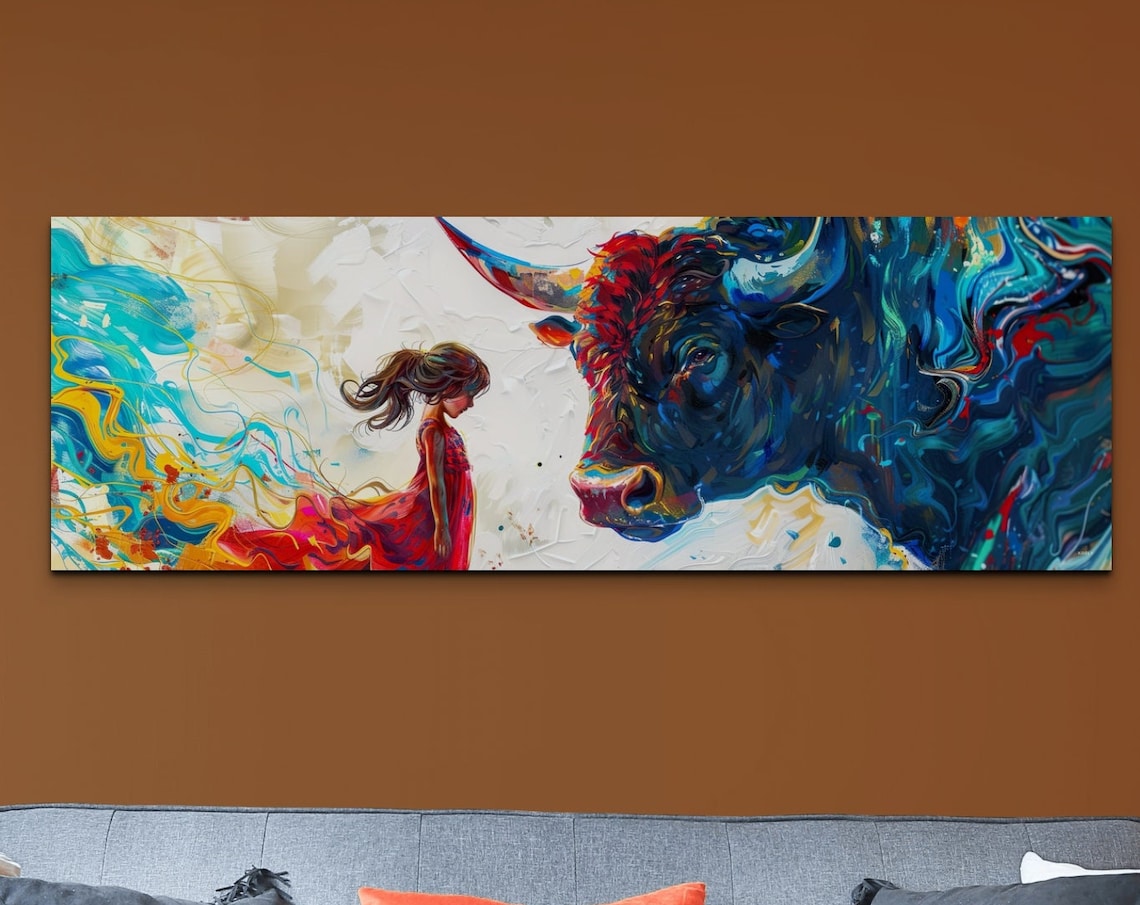 Abstract Girl Vs Bull Colorful Art Print