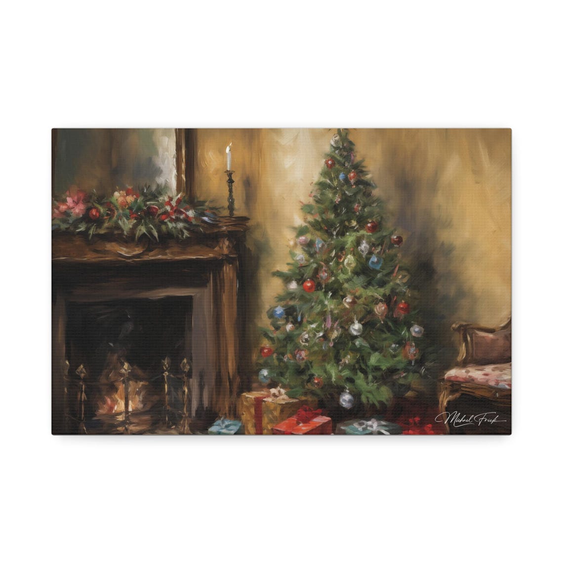 Christmas Tree by the Fireplace Holiday Home Scene Art Poster - Image 2