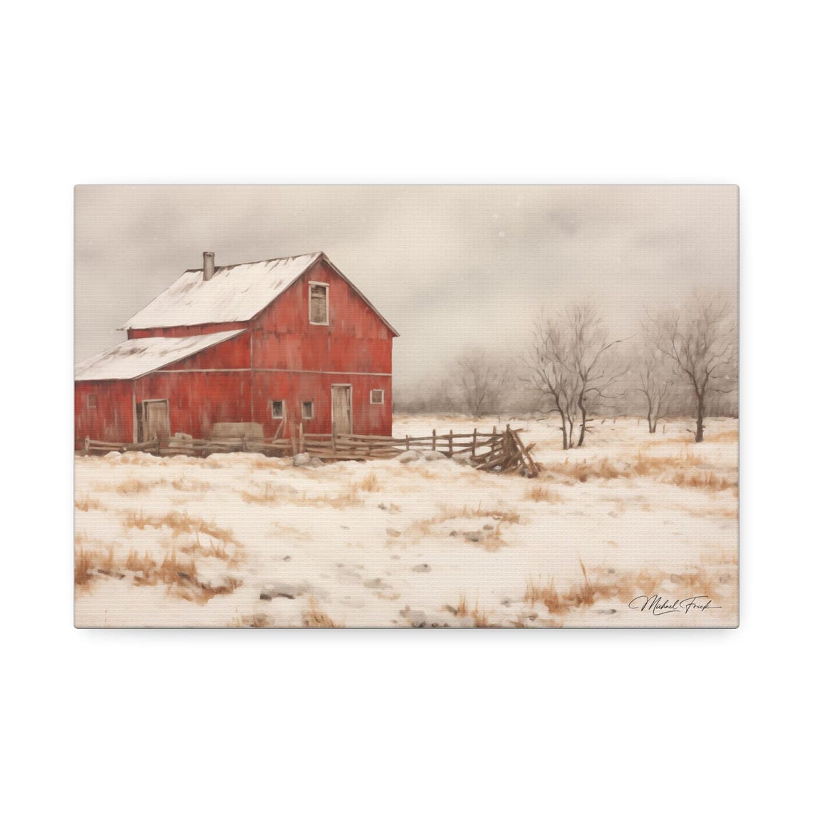 Red Barn in Falling Snow Winter Farmhouse Scene Painting Poster - Image 2