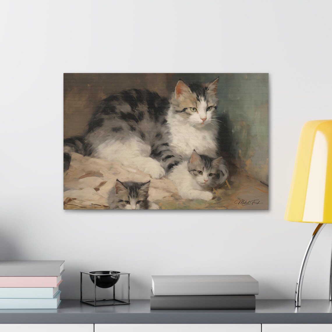 Mother Tabby Cat and Kittens Vintage Oil Painting Style Poster