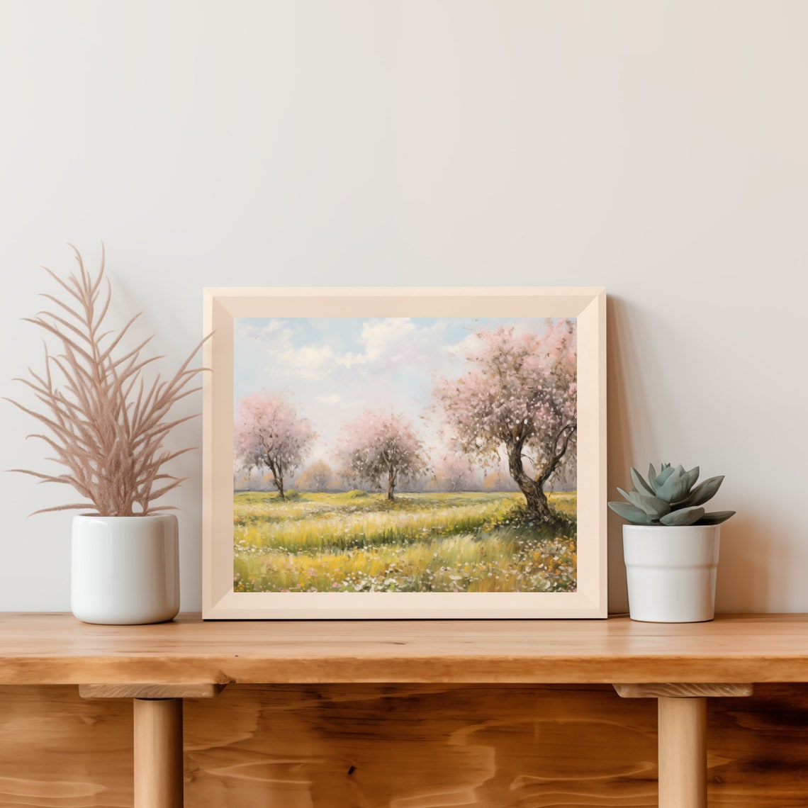 Spring Meadow With Pink Blossom Trees And Wildflowers Wall Art - Image 3