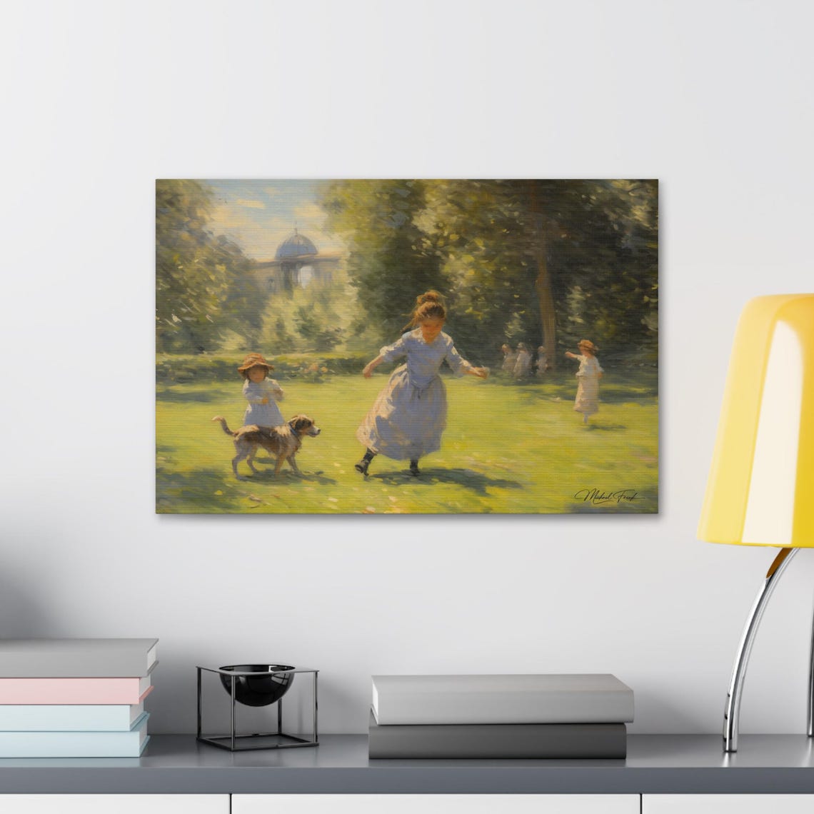 Children Playing With Dog Sunny Summer Park Scene Artwork Poster