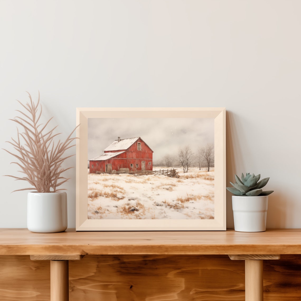 Red Barn Standing In A Snowy Winter Field Rustic Landscape Poster - Image 5