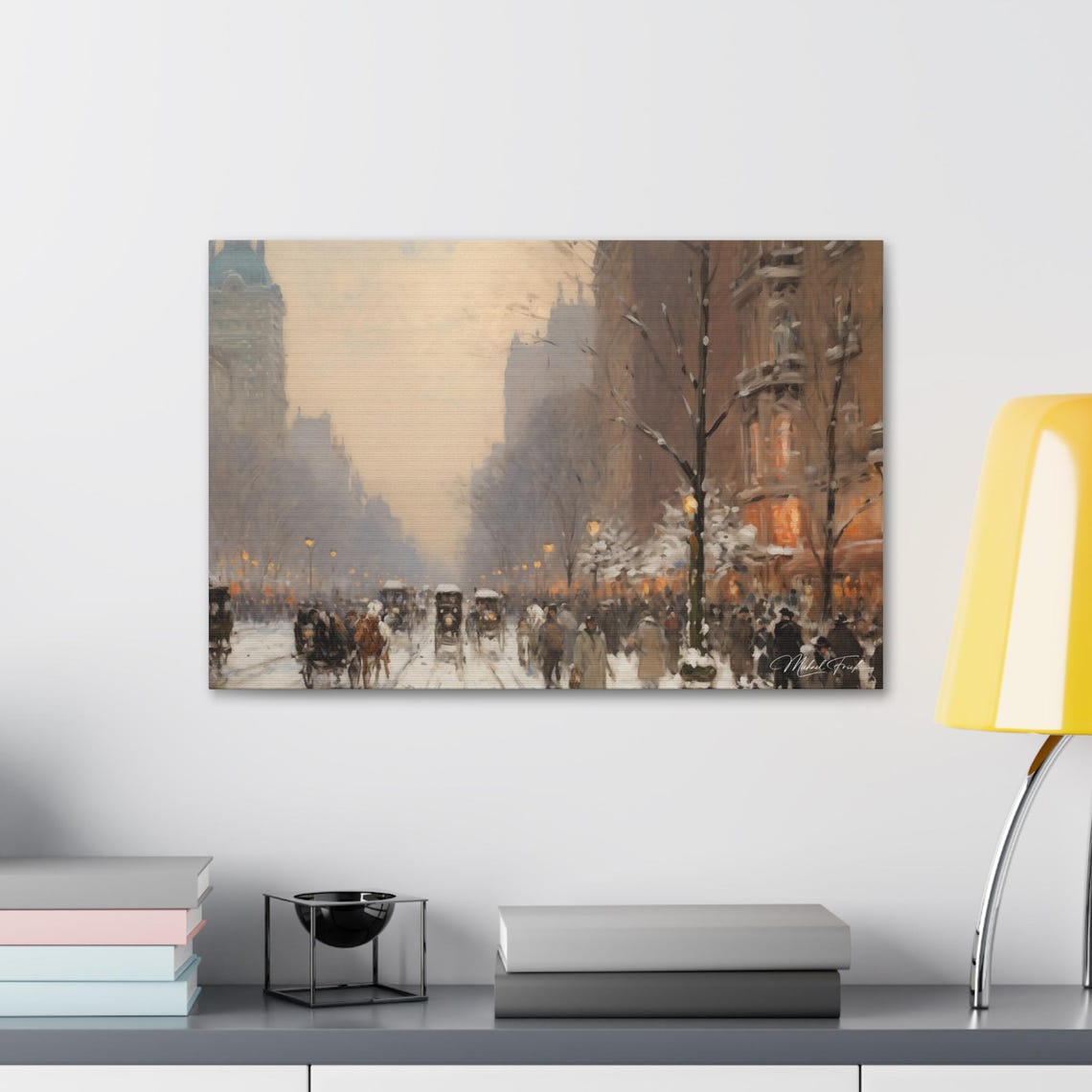 Snowy City Street Evening Carriage Ride Vintage Scene Poster