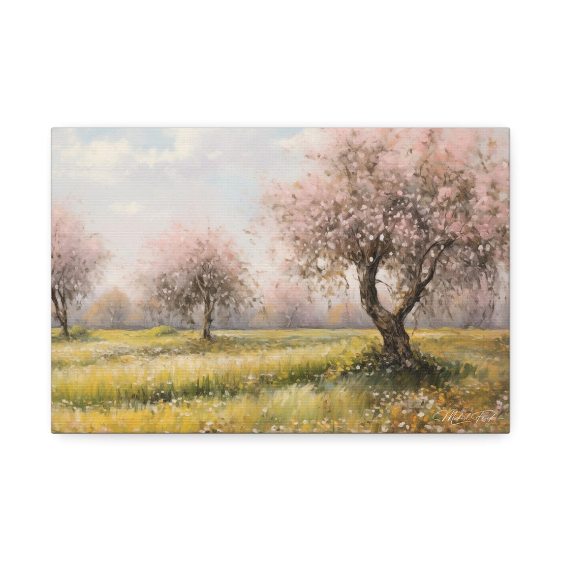 Blooming Cherry Trees Over A Golden Spring Meadow Art Poster - Image 2