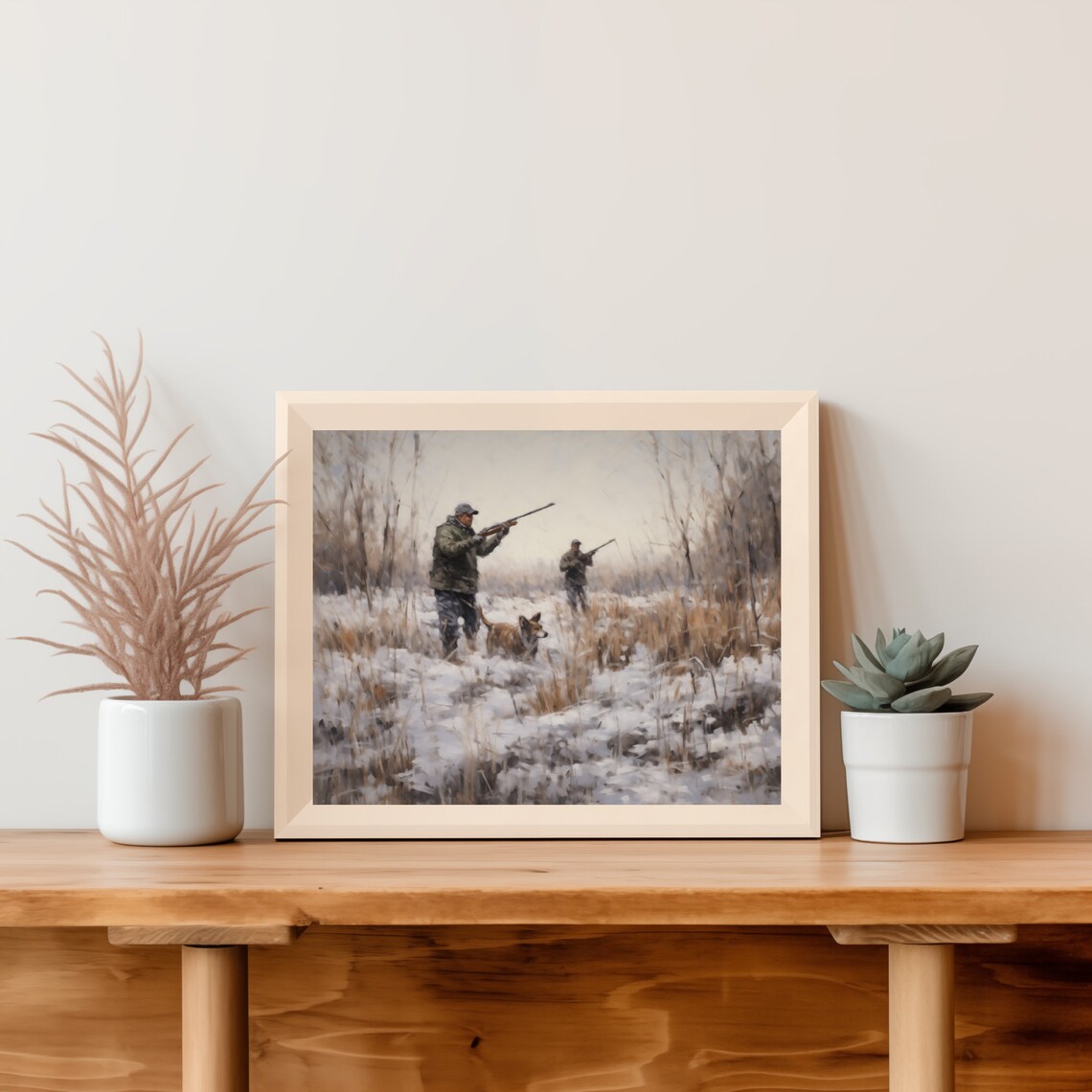 Hunters With A Dog Walking A Snowy Winter Field Vintage Poster - Image 4