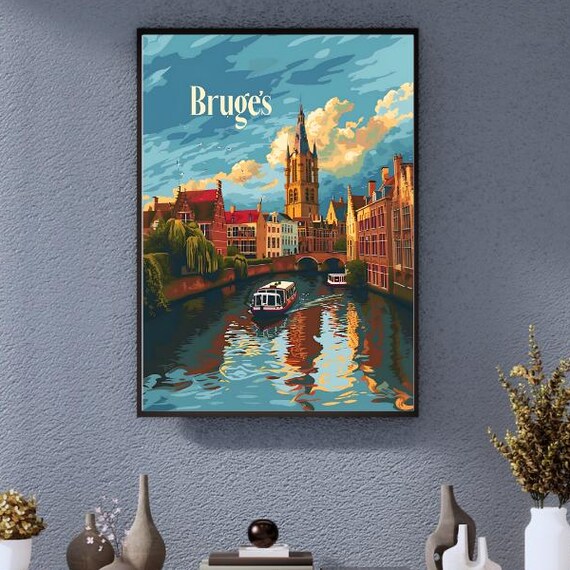 Bruges Canal Belfry Colorful Retro Vintage Belgium Travel Poster