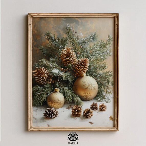 Winter Still Life Pinecones Gold Ornaments Snowy Branches Art Poster
