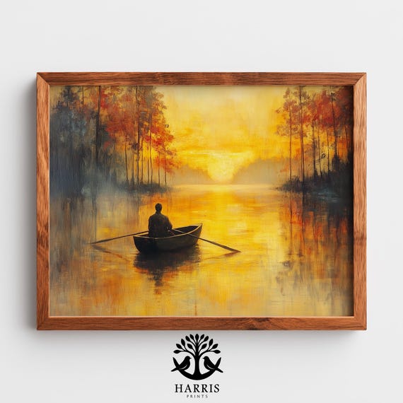 Moody Fisherman Sunset On Misty Lake Rustic Vintage Painting Serene Landscape Wall Art Cozy Autumn Decor 295