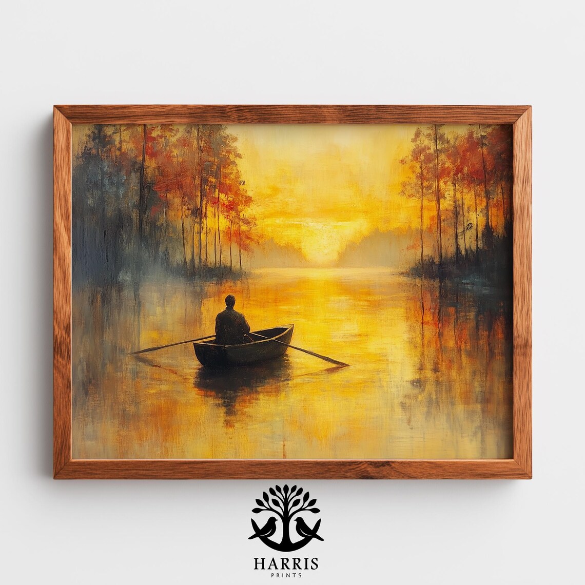 Lone Fisherman Sunset Canoe Golden Lake Autumn Pines Landscape Print