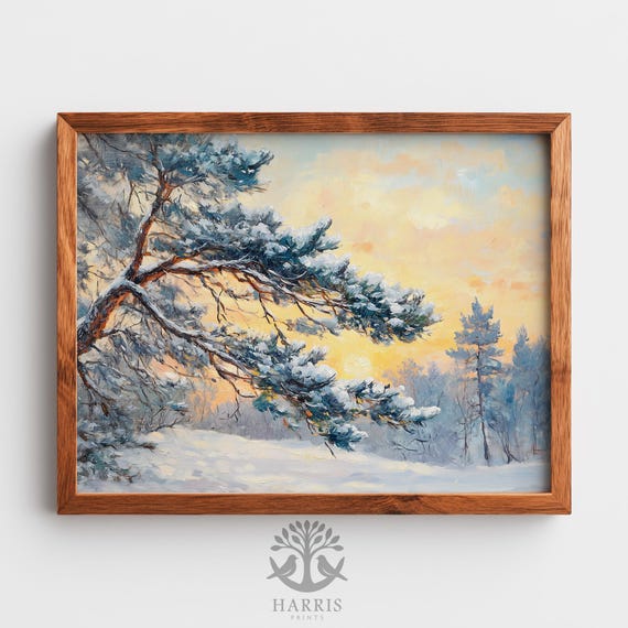 Moody Winter Landscape Frosty Pine Bough Painting Serene Snowy Scene Rustic Impressionist Art Wall Decor 564