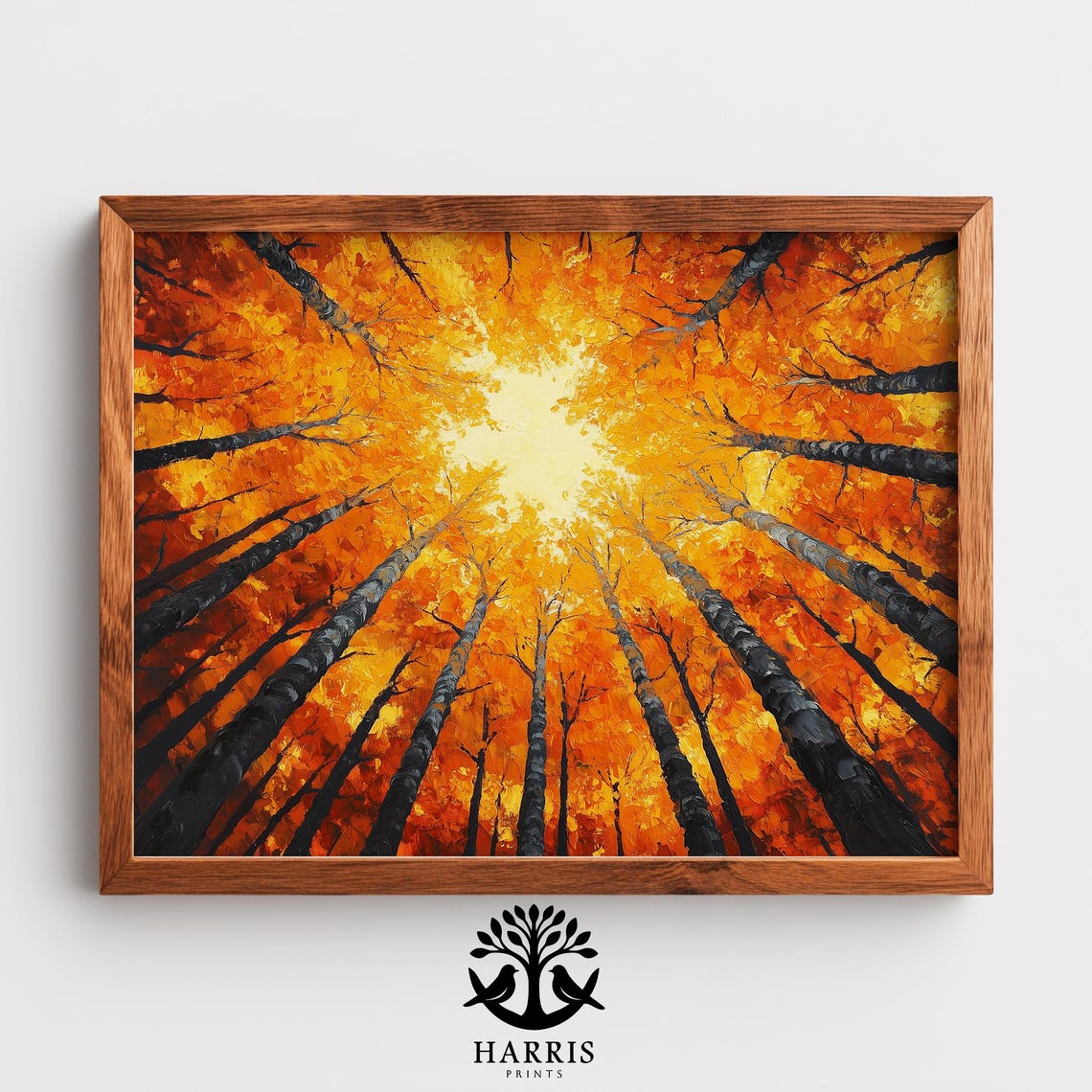Autumn Forest Canopy View Painting Textured Fall Wall Art Warm Gold Amber Leaves Rustic Moody Seasonal Decor 307