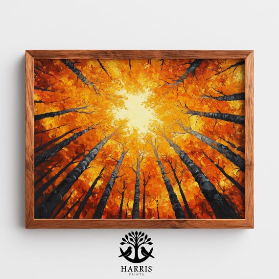 Autumn Forest Canopy View Painting Textured Fall Wall Art Warm Gold Amber Leaves Rustic Moody Seasonal Decor 307